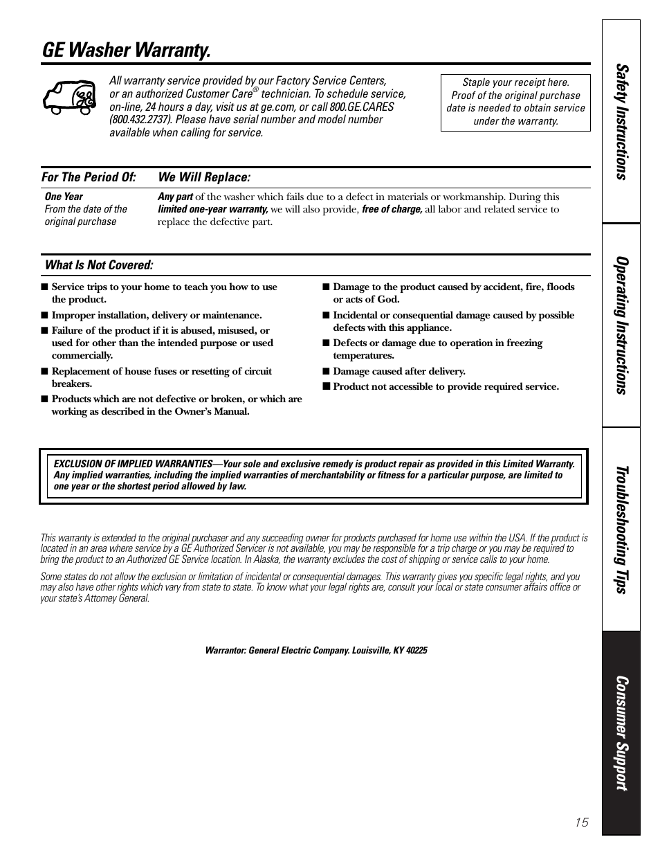 Warranty, Ge washer warranty | GE WTRE6260 User Manual | Page 15 / 16