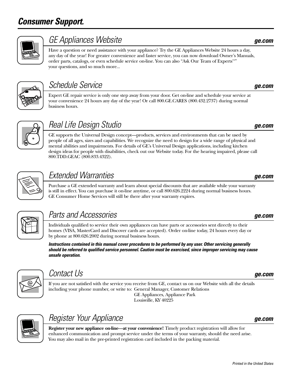 Consumer support, Consumer support . . . . . .back cover, Consumer support. ge appliances website | Schedule service, Real life design studio, Extended warranties, Parts and accessories, Contact us, Register your appliance | GE WTRE6260 User Manual | Page 16 / 16