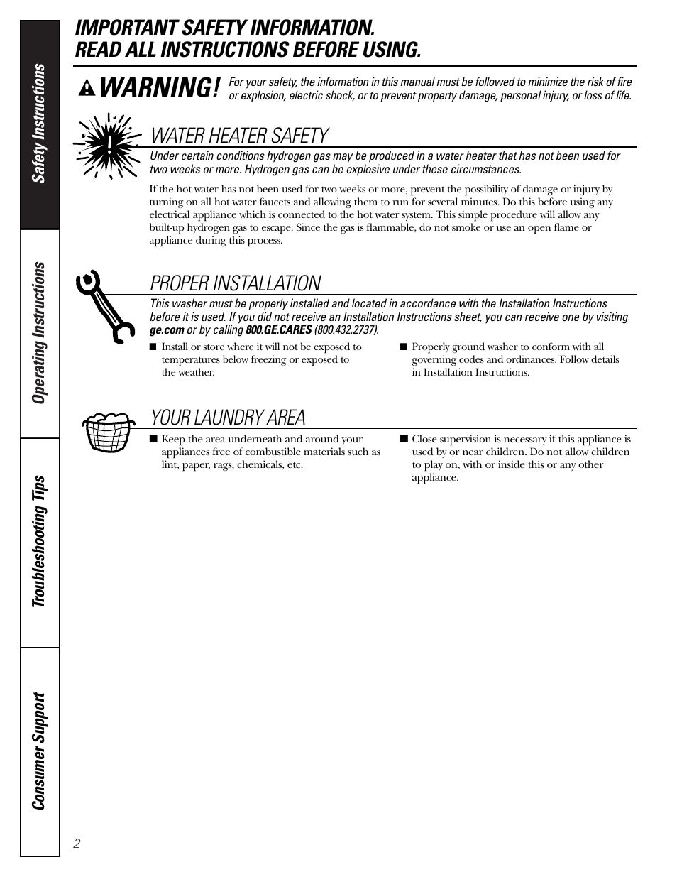 Safety instructions, Warning, Water heater safety | Proper installation, Your laundry area | GE WTRE6260 User Manual | Page 2 / 16
