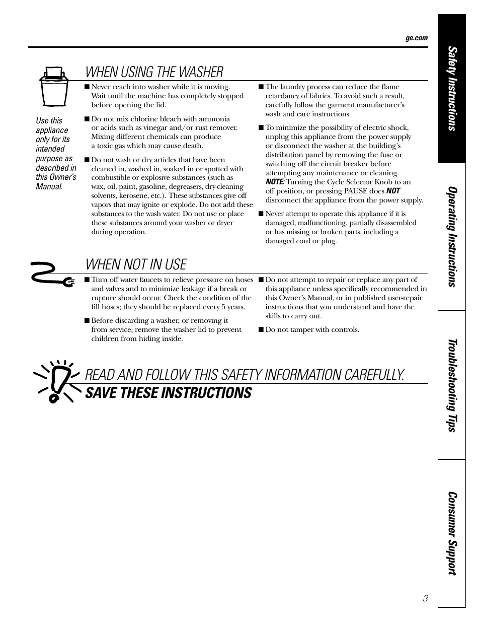 When using the washer | GE WTRE6260 User Manual | Page 3 / 16