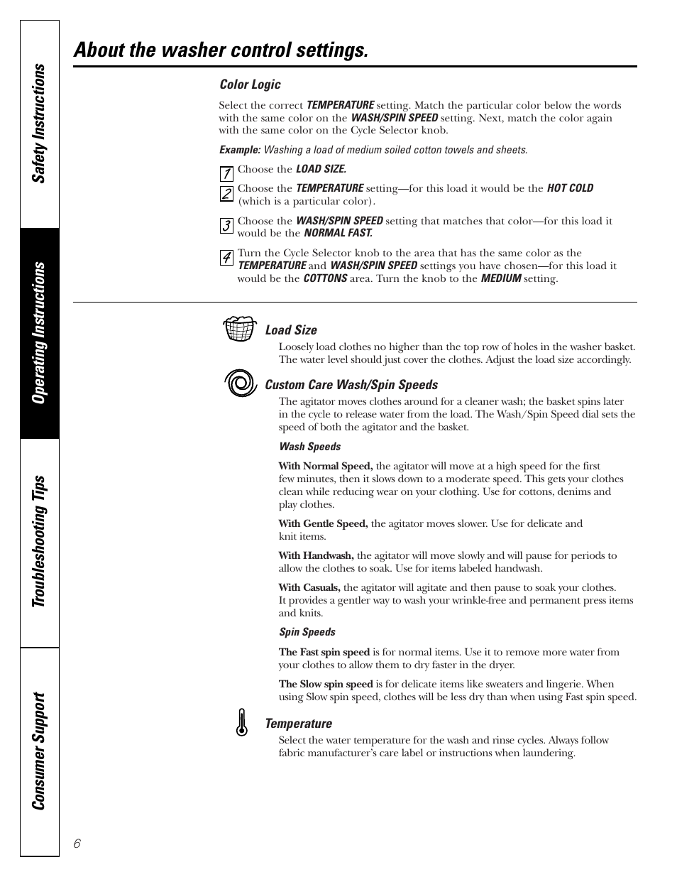 Control settings, Control settings , 7, 43 2 1 about the washer control settings | GE WTRE6260 User Manual | Page 6 / 16
