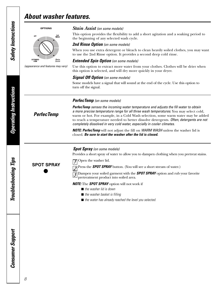 Features, Features , 9, About washer features | GE WTRE6260 User Manual | Page 8 / 16