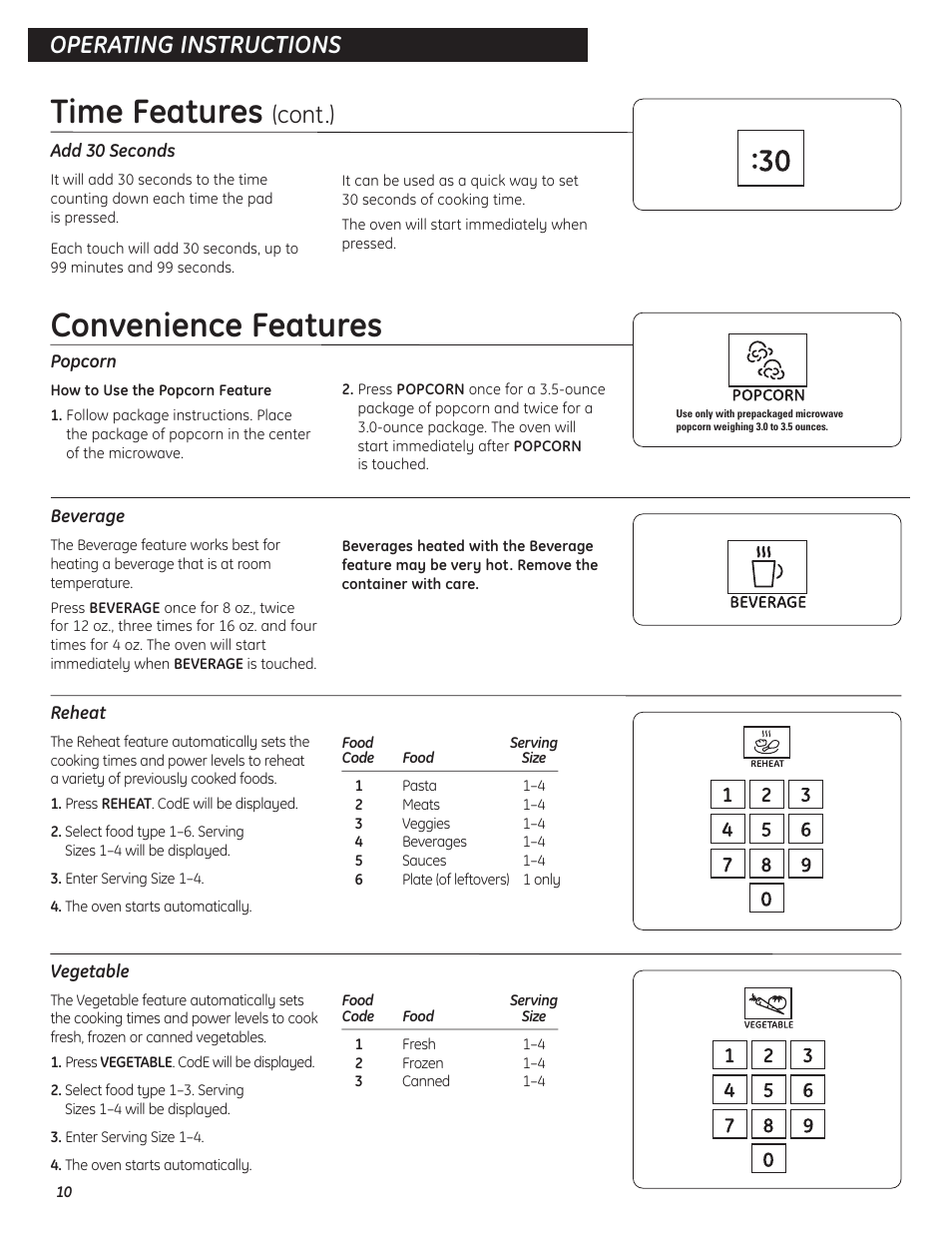Convenience features, Convenience features , 11, Time features | Operating instructions, Cont.) | GE Microwave Oven JES0738 User Manual | Page 10 / 16