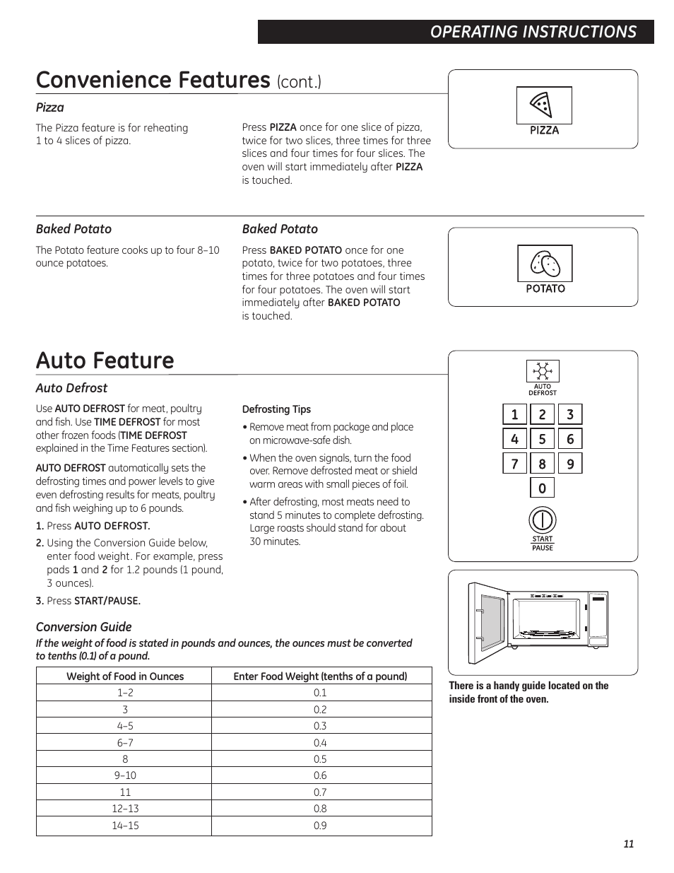 Auto feature, Convenience features, Operating instructions | Cont.) | GE Microwave Oven JES0738 User Manual | Page 11 / 16