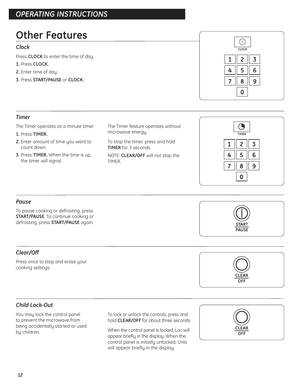 Other features, Operating instructions | GE Microwave Oven JES0738 User Manual | Page 12 / 16