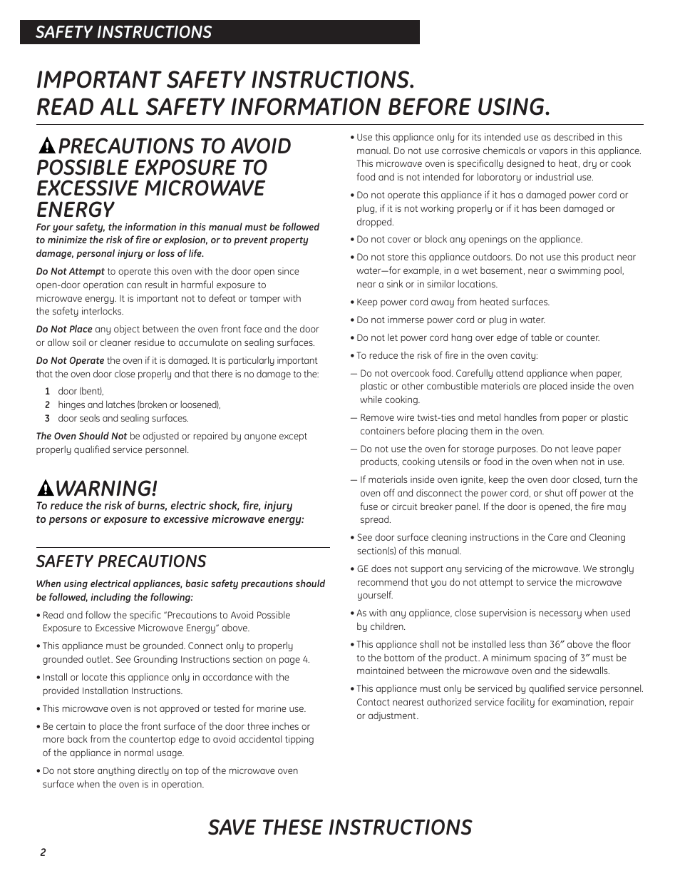 Safety instructions, Warning, Save these instructions | Operating instructions safety instructions, Safety precautions | GE Microwave Oven JES0738 User Manual | Page 2 / 16