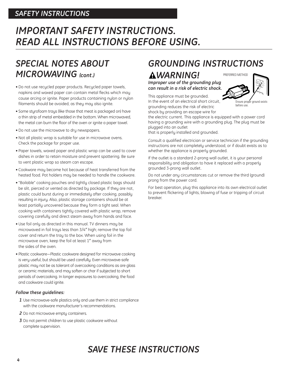 Grounding instructions warning, Save these instructions, Safety instructions | GE Microwave Oven JES0738 User Manual | Page 4 / 16