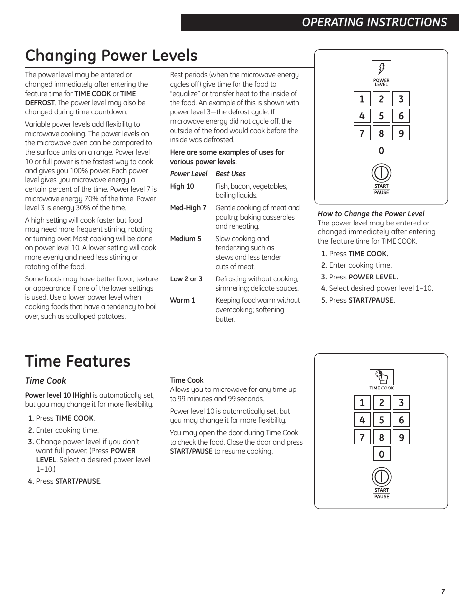 Changing power levels, Time features, Changing power levels time features –10 | Operating instructions | GE Microwave Oven JES0738 User Manual | Page 7 / 16