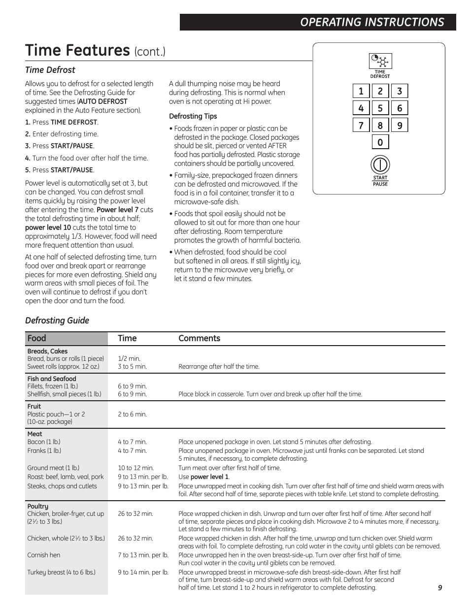 Time features, Operating instructions, Cont.) | GE Microwave Oven JES0738 User Manual | Page 9 / 16