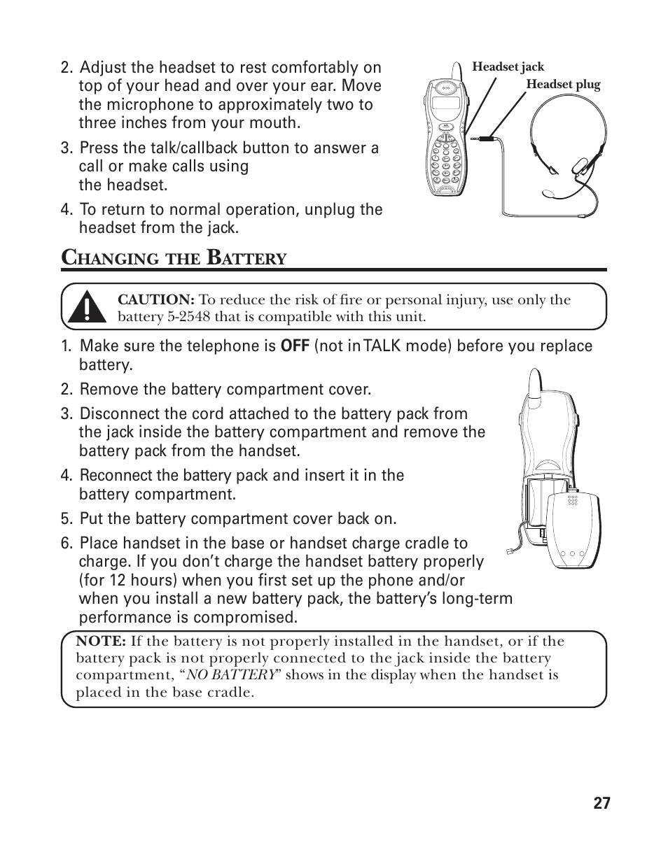 Hanging, Attery, Headset jack headset plug | GE 25898A User Manual | Page 27 / 76