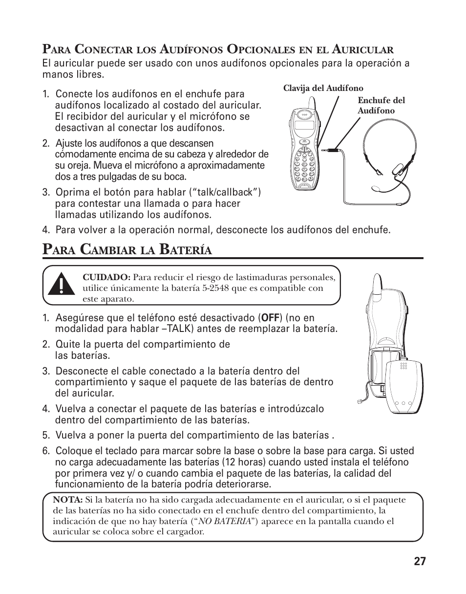 Ambiar, Atería, Asegúrese que el teléfono esté desactivado | Onectar, Udífonos, Pcionales, Uricular, Clavija del audífono enchufe del audífono | GE 25898A User Manual | Page 65 / 76