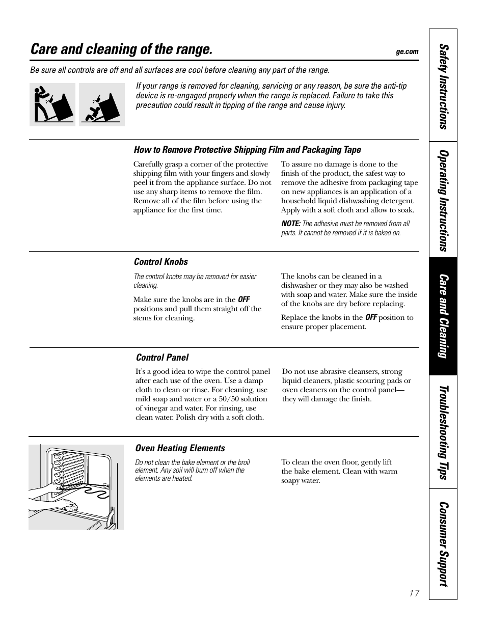 Care and cleaning, Control knobs, Heating elements | Care and cleaning of the range | GE WB48X10057 User Manual | Page 18 / 33