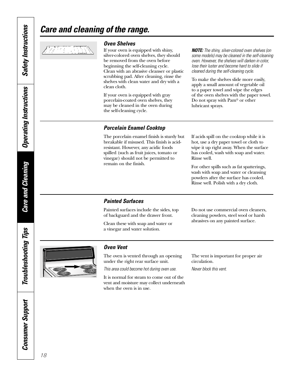 Shelves, Vent, Care and cleaning of the range | GE WB48X10057 User Manual | Page 19 / 33