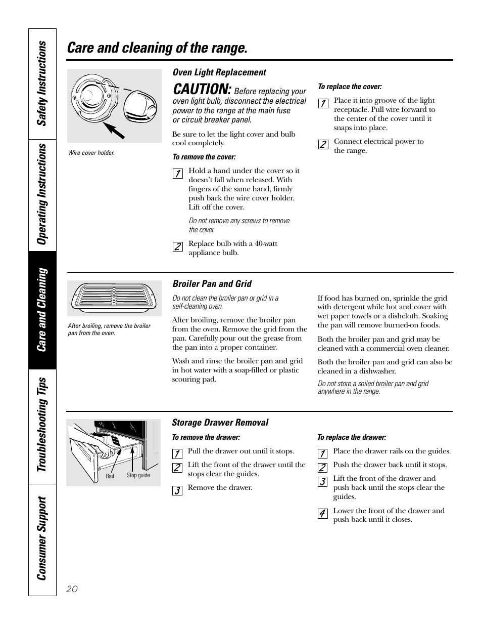 Broiler pan and grid, Light, Storage drawer | Care and cleaning of the range, Caution | GE WB48X10057 User Manual | Page 21 / 33