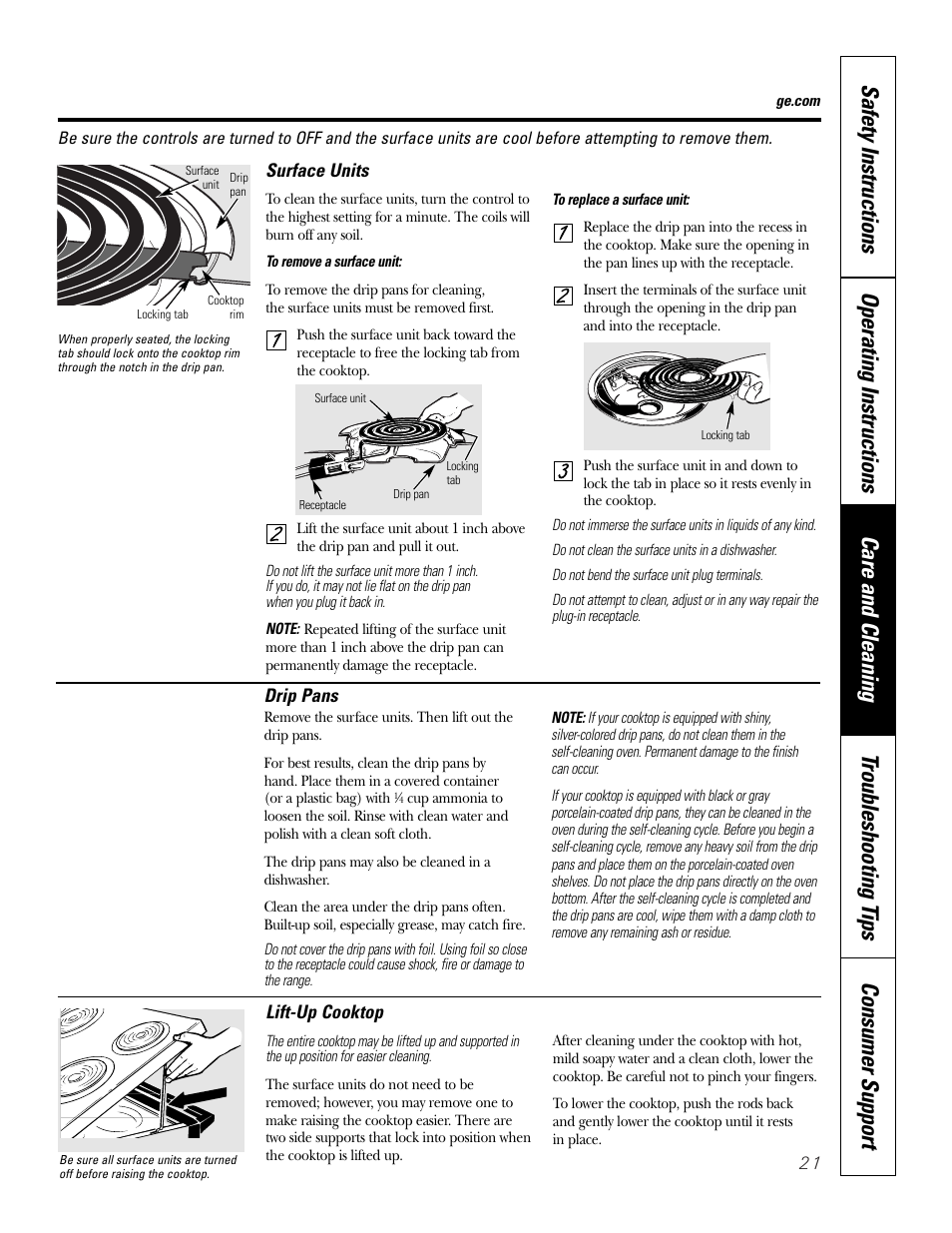 Drip pans, Lift-up cooktop, Surface units | GE WB48X10057 User Manual | Page 22 / 33