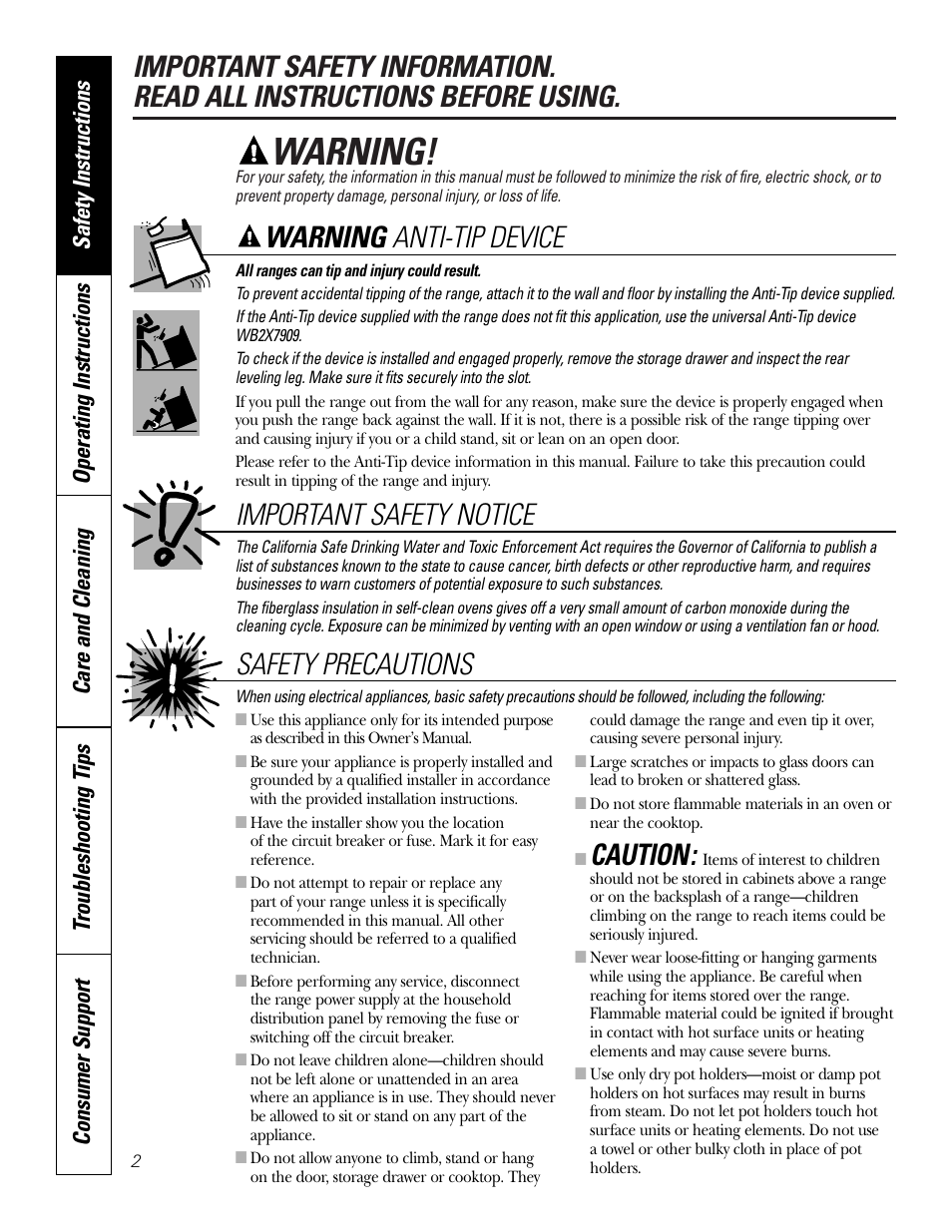 Safety instructions, Warning, Warning anti-tip device important safety notice | Caution, Safety precautions | GE WB48X10057 User Manual | Page 3 / 33