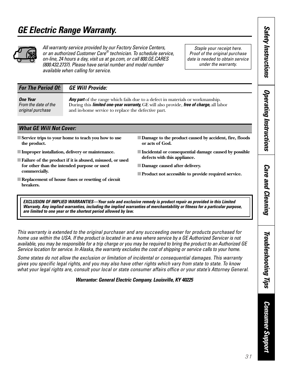 Warranty, Ge electric range warranty | GE WB48X10057 User Manual | Page 32 / 33