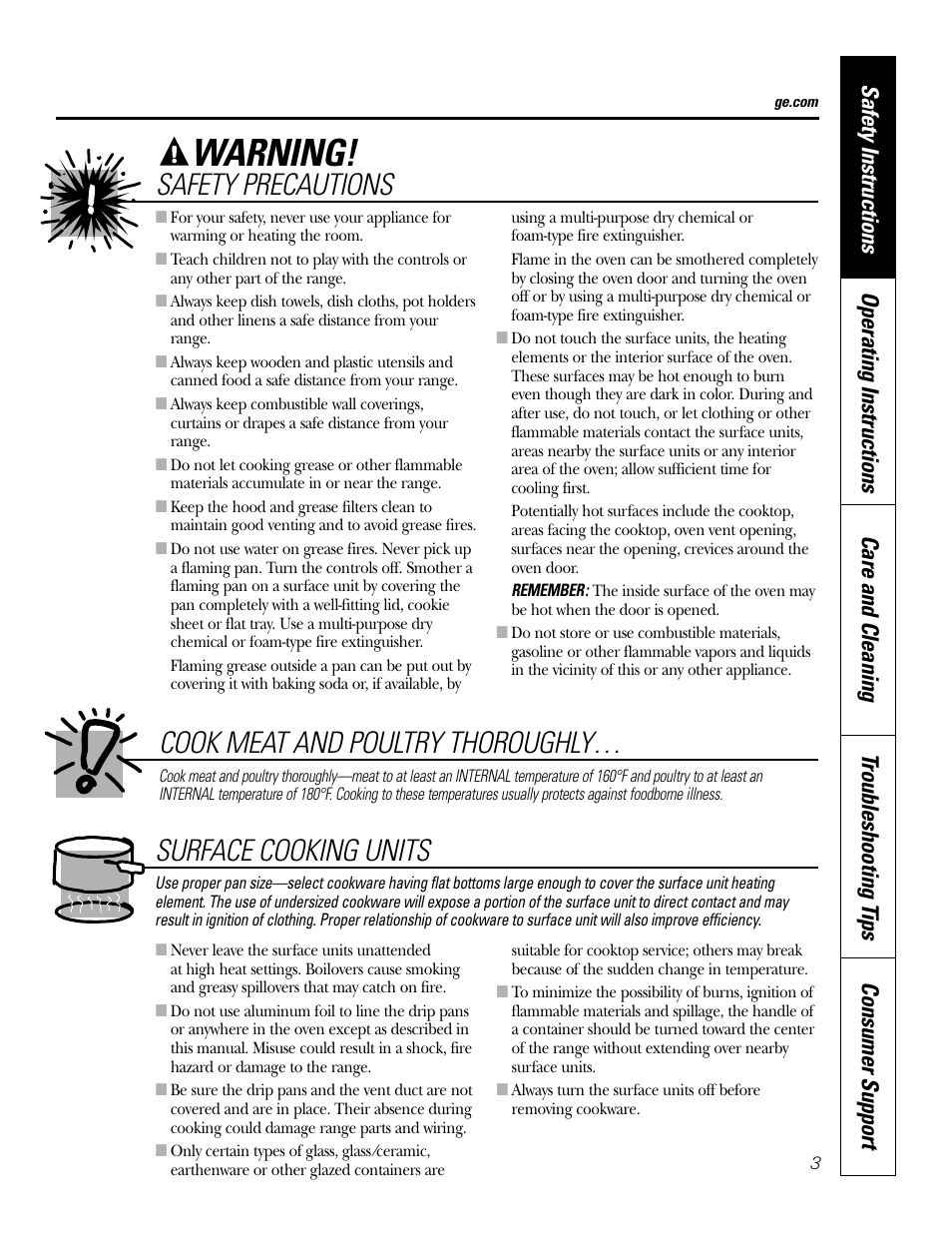 Warning, Safety precautions, Cook meat and poultry thoroughly | Surface cooking units | GE WB48X10057 User Manual | Page 4 / 33