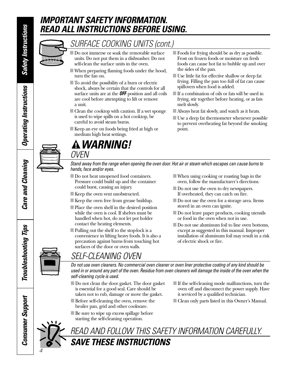 Warning, Surface cooking units (cont.), Oven | Self-cleaning oven | GE WB48X10057 User Manual | Page 5 / 33