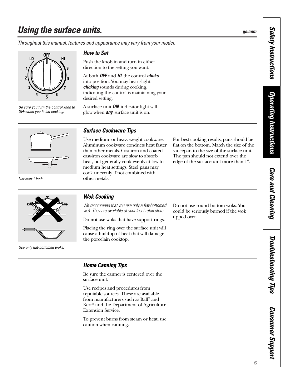 Operating instructions, Surface units, Using the surface units | GE WB48X10057 User Manual | Page 6 / 33