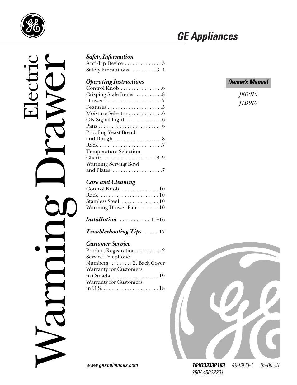 GE JTD910SBSS User Manual | 20 pages