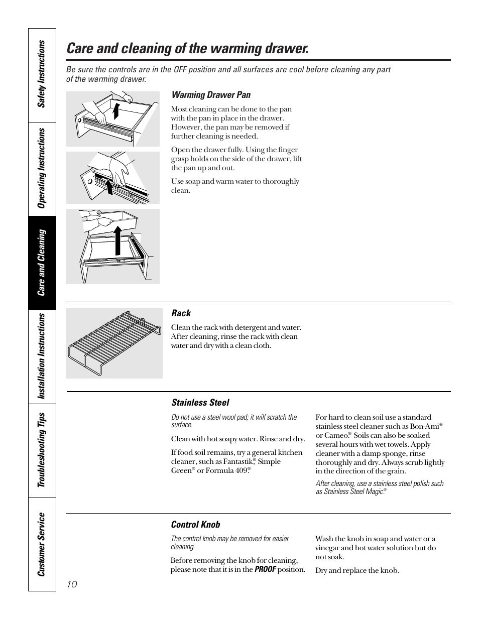 Control knob, Rack, Stainless steel | Warming drawer pan, Care and cleaning of the warming drawer | GE JTD910SBSS User Manual | Page 10 / 20