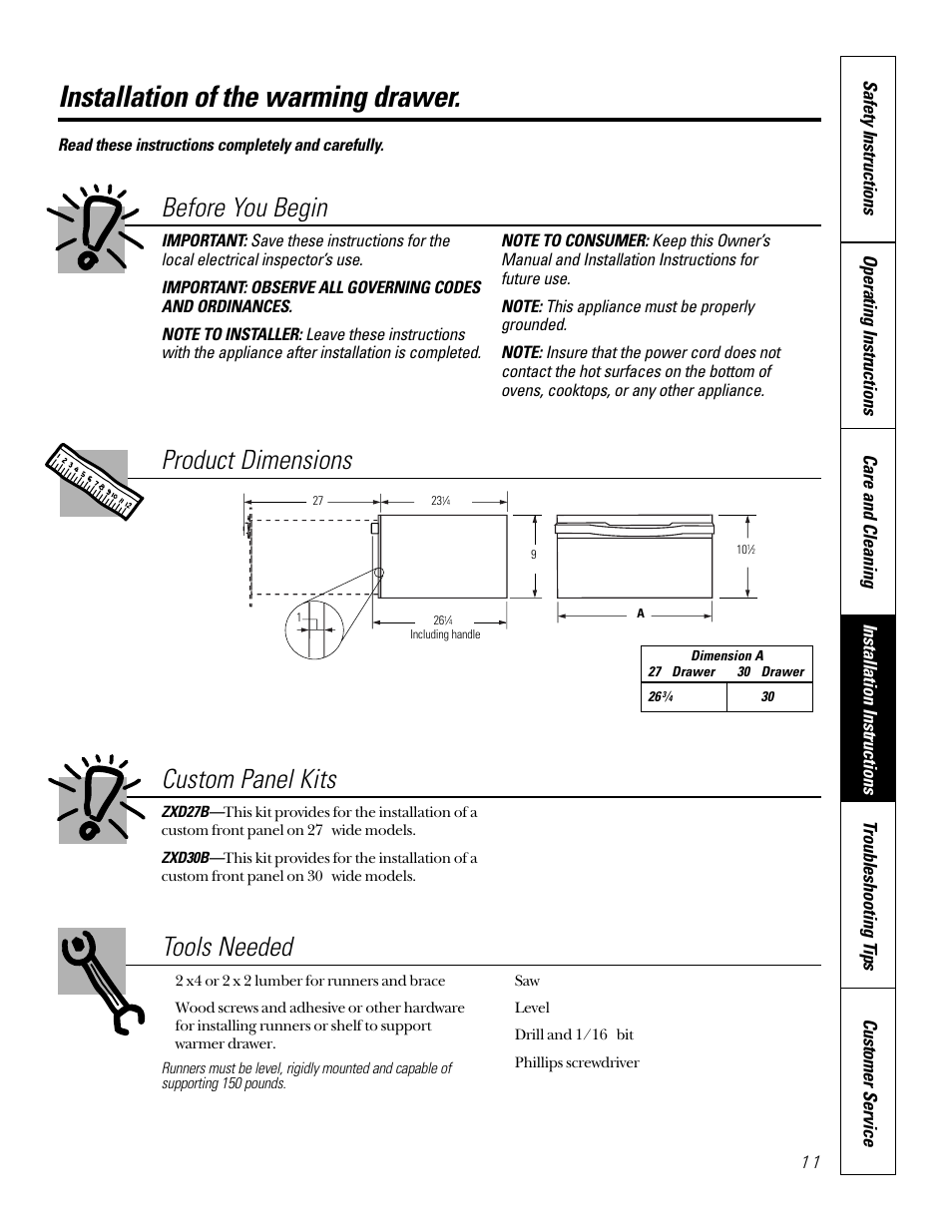 Installation, Installation of the warming drawer, Before you begin | Tools needed, Custom panel kits, Product dimensions | GE JTD910SBSS User Manual | Page 11 / 20