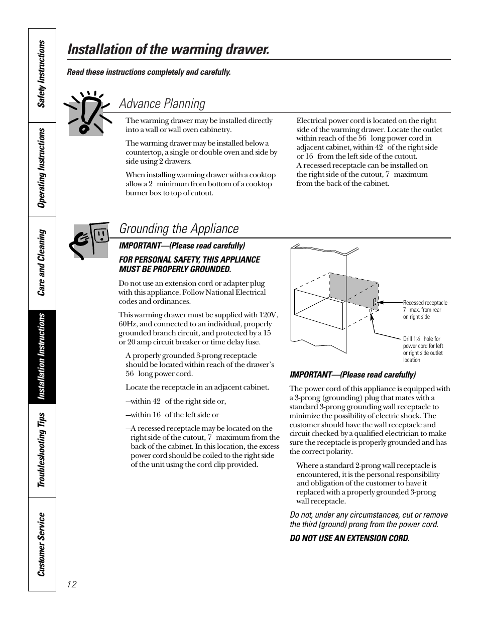 Installation of the warming drawer, Advance planning, Grounding the appliance | GE JTD910SBSS User Manual | Page 12 / 20