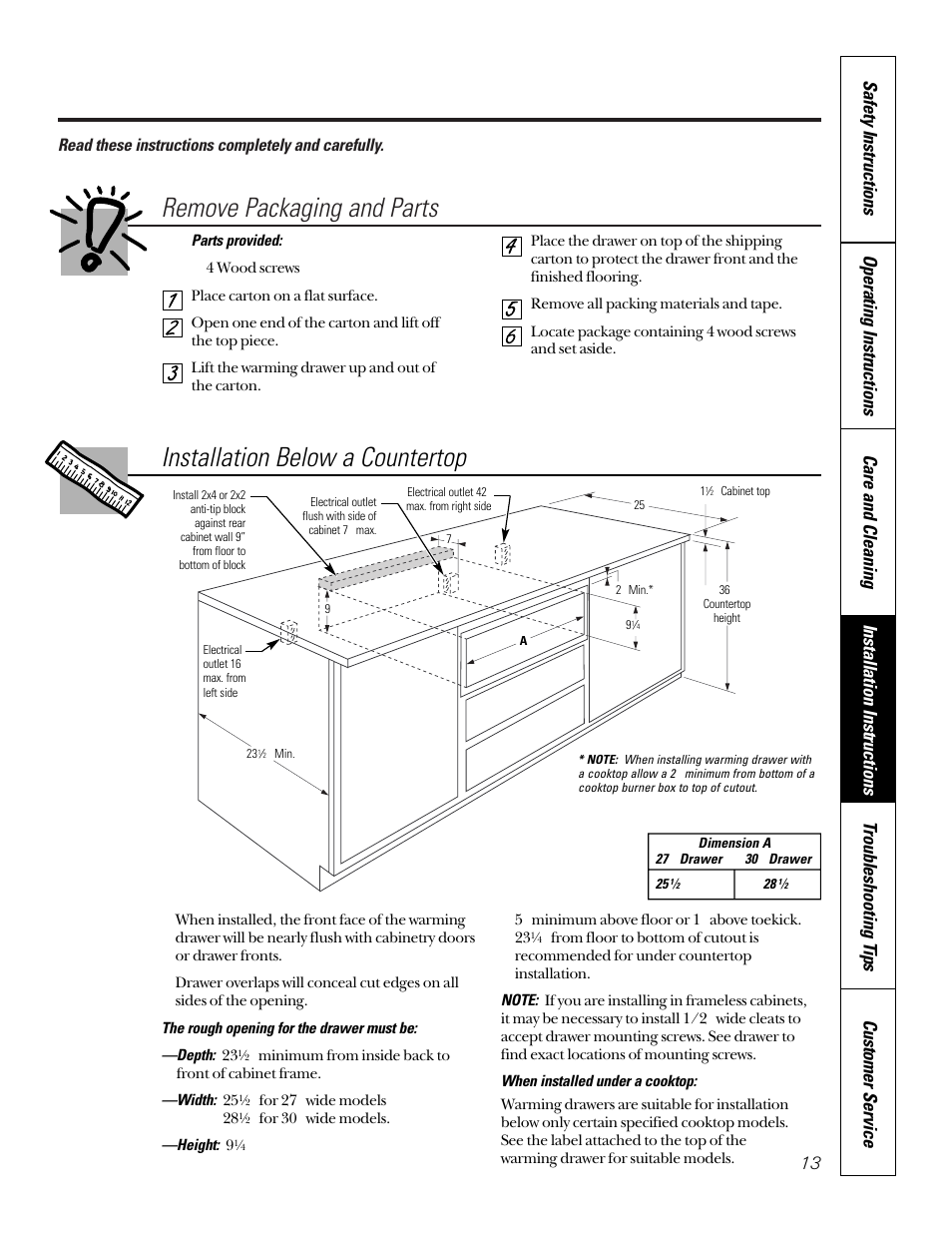 Remove packaging and parts, Installation below a countertop, Read these instructions completely and carefully | GE JTD910SBSS User Manual | Page 13 / 20