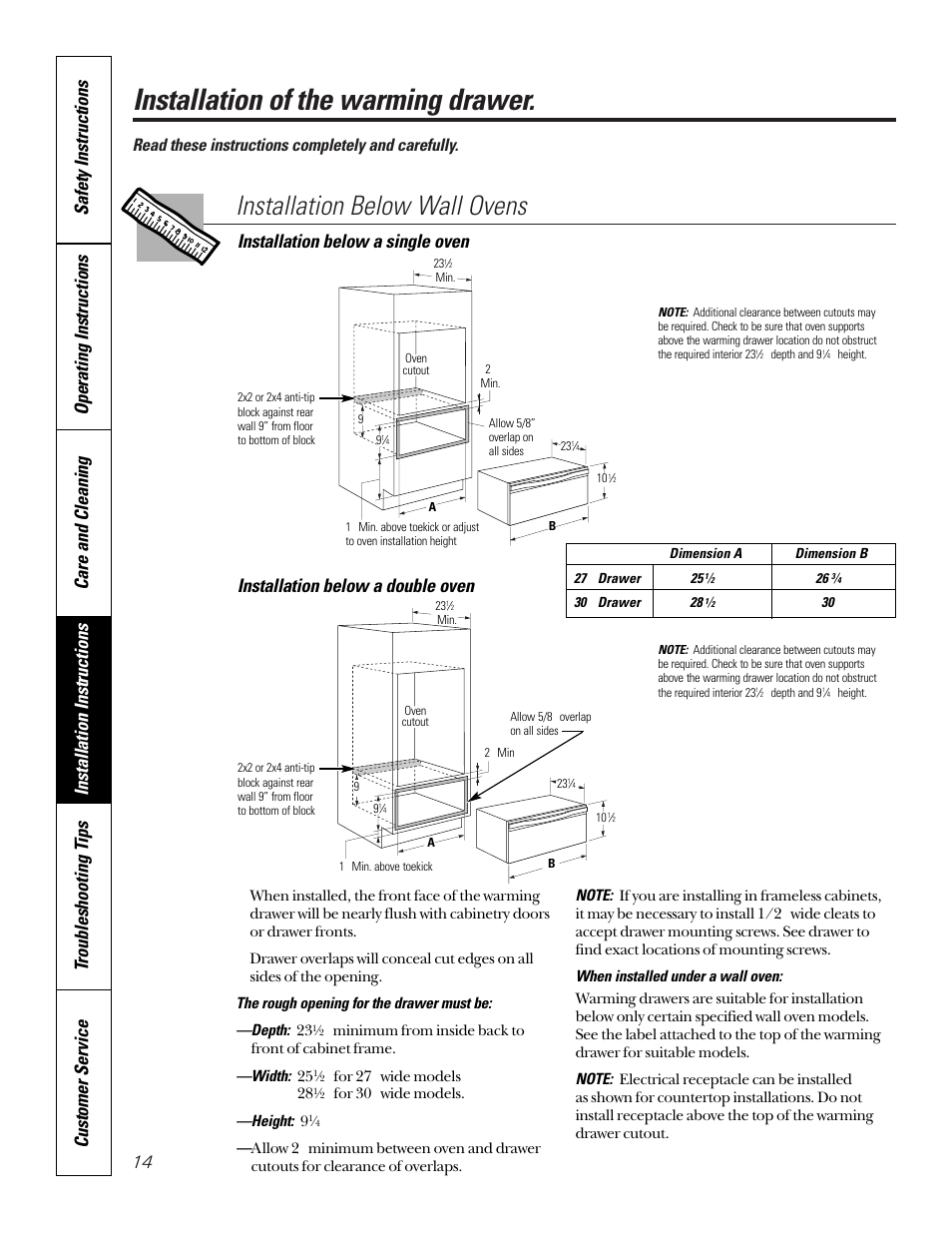 Installation of the warming drawer, Installation below wall ovens, Installation below a single oven | Installation below a double oven, Read these instructions completely and carefully | GE JTD910SBSS User Manual | Page 14 / 20