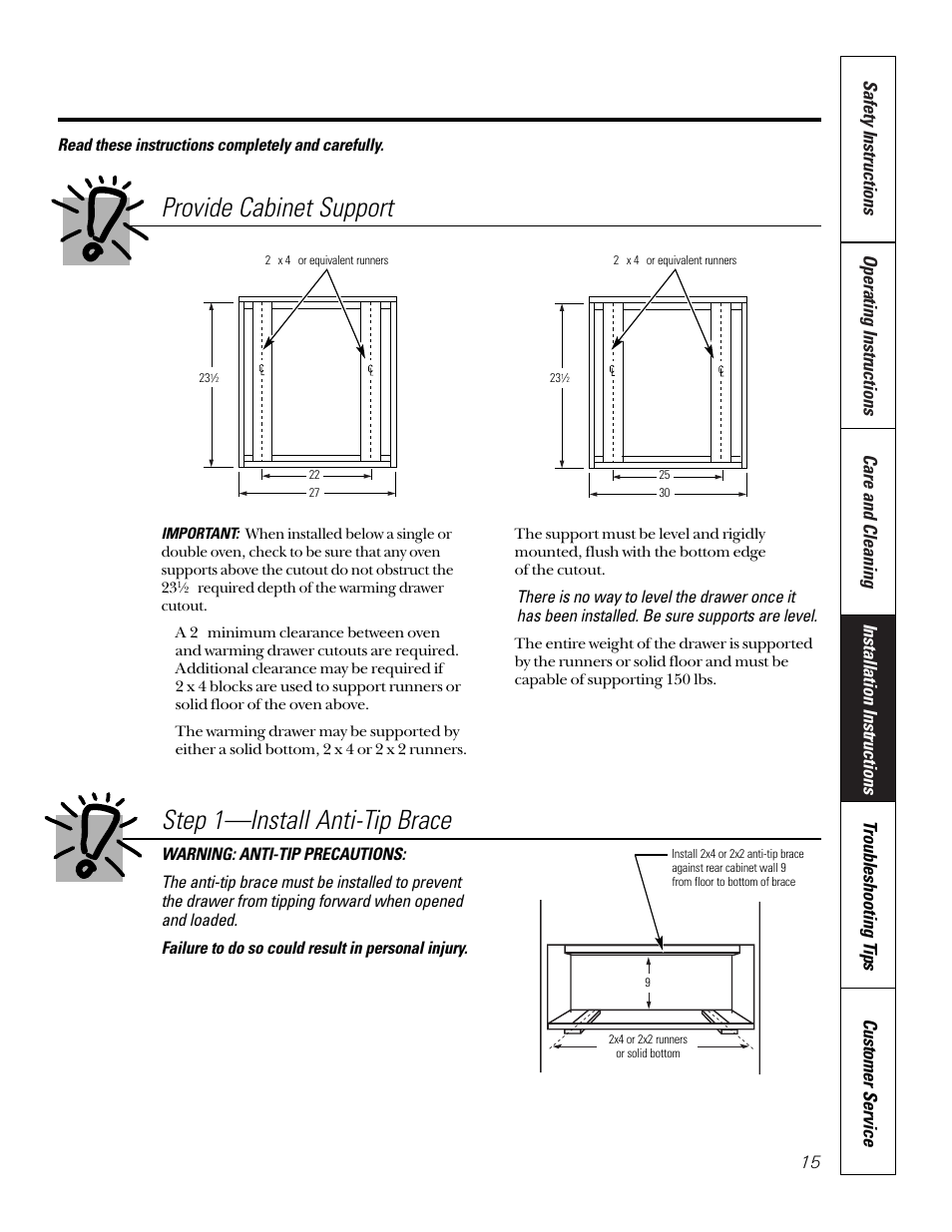 Step 1—install anti-tip brace, Provide cabinet support | GE JTD910SBSS User Manual | Page 15 / 20