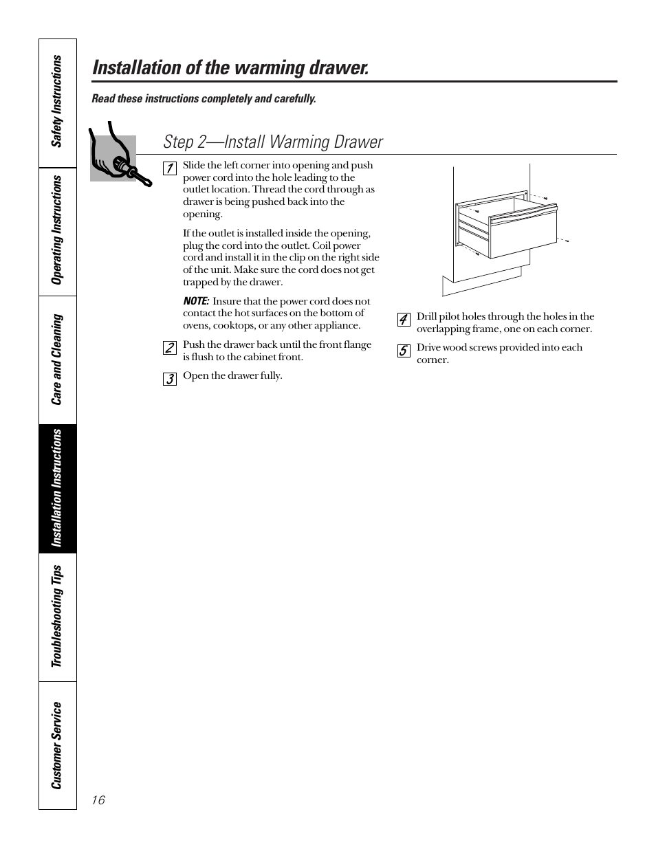 Installation of the warming drawer, Step 2—install warming drawer | GE JTD910SBSS User Manual | Page 16 / 20