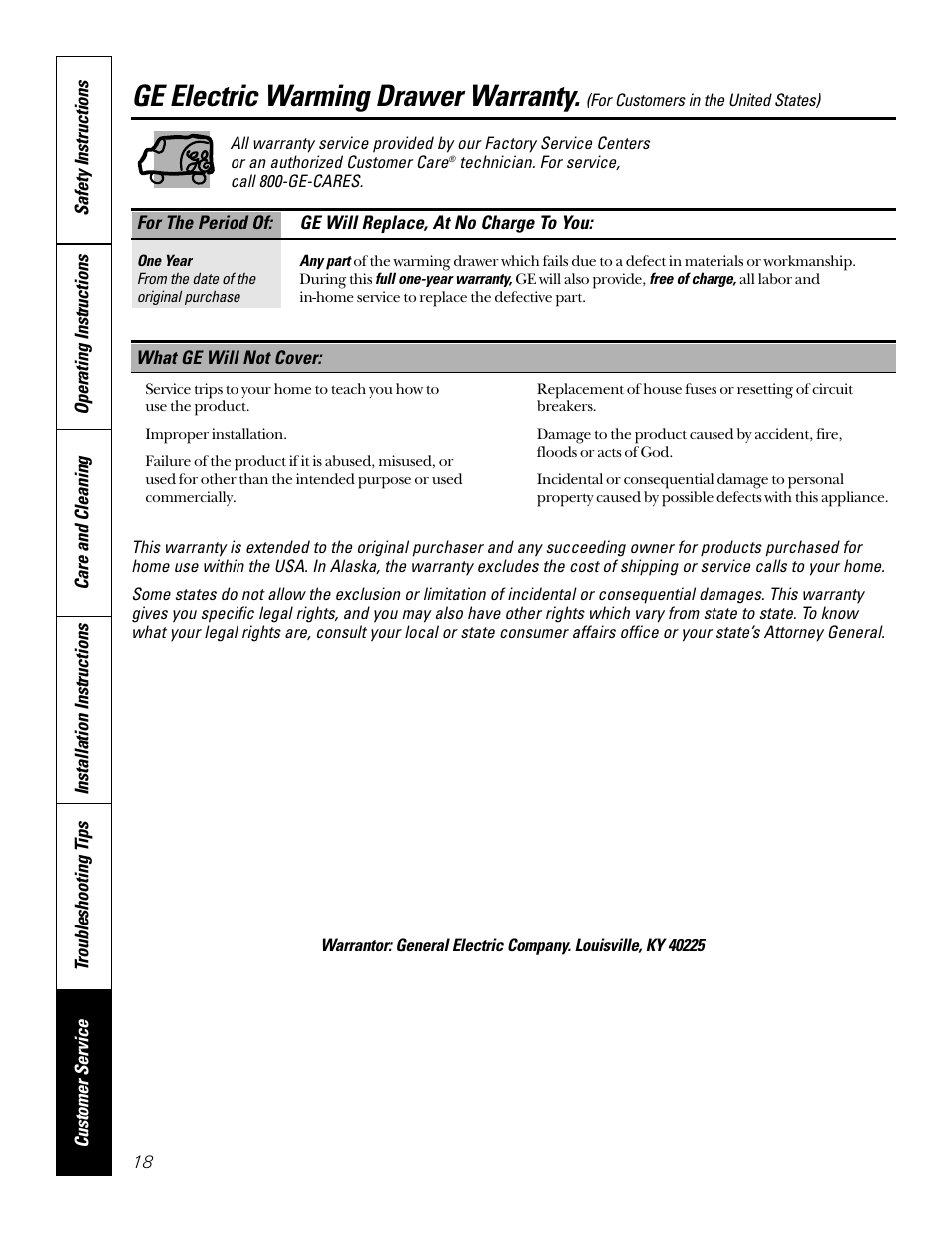 Warranty for customers in u.s, Ge electric warming drawer warranty | GE JTD910SBSS User Manual | Page 18 / 20