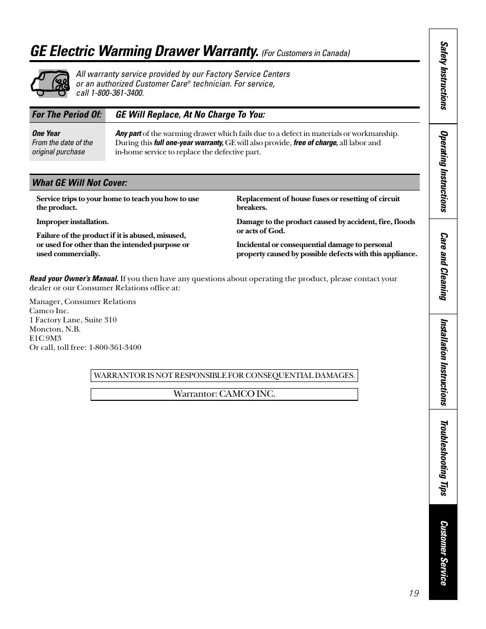Warranty for customers in canada, Ge electric warming drawer warranty | GE JTD910SBSS User Manual | Page 19 / 20