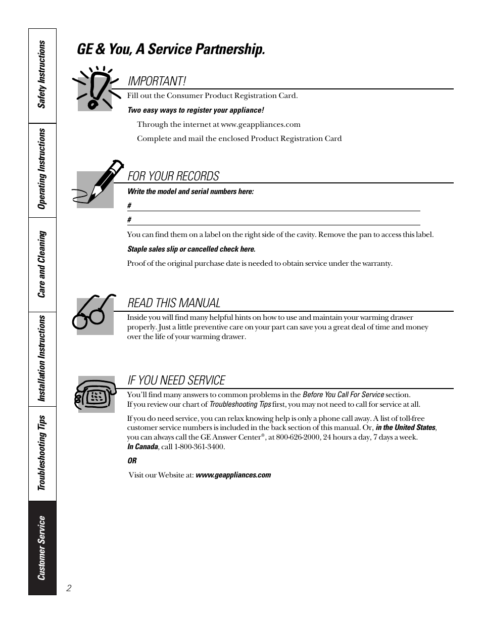 Product registration, Ge & you, a service partnership, Read this manual | For your records, If you need service important | GE JTD910SBSS User Manual | Page 2 / 20