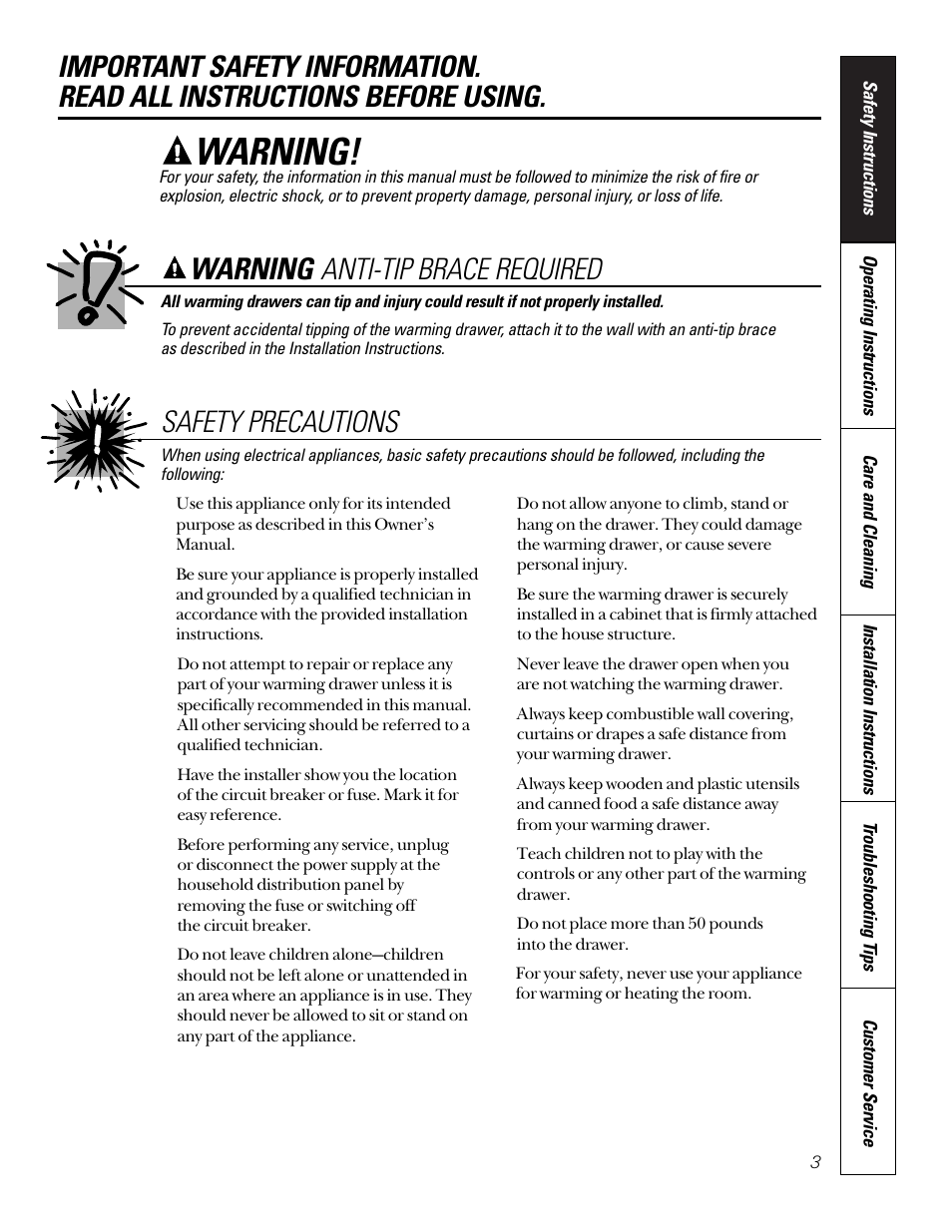 Anti-tip device, Safety precautions, Anti-tip device safety precautions , 4 | Warning, Warning anti-tip brace required | GE JTD910SBSS User Manual | Page 3 / 20