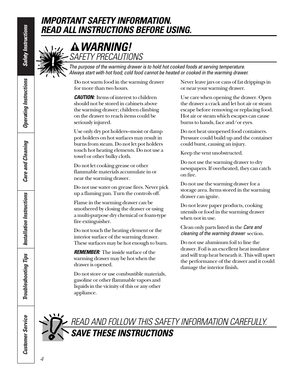 Warning | GE JTD910SBSS User Manual | Page 4 / 20