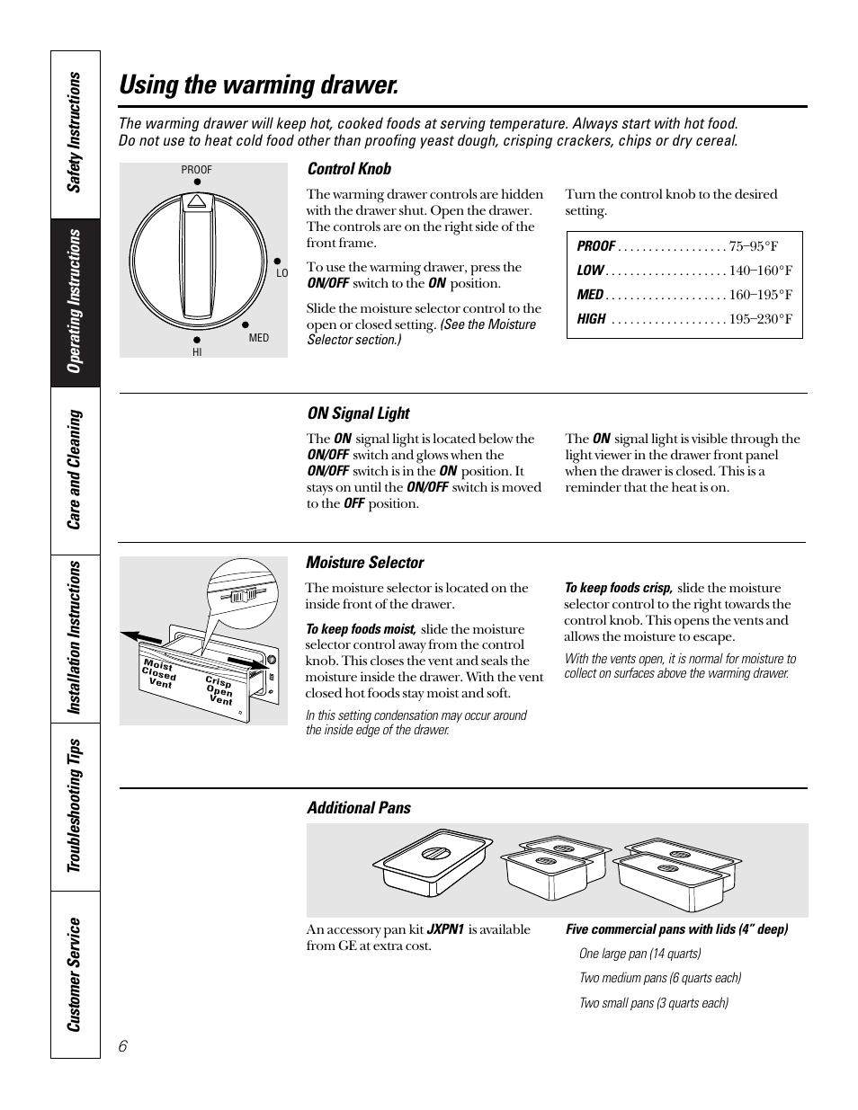 Control knob, Moisture selector, On signal light | Pans, Moisture selector on signal light pans, Using the warming drawer, Additional pans | GE JTD910SBSS User Manual | Page 6 / 20
