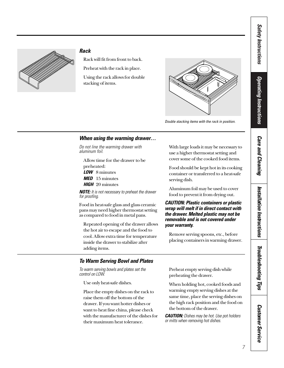 Drawer, Rack, Warming serving bowl and plates | GE JTD910SBSS User Manual | Page 7 / 20