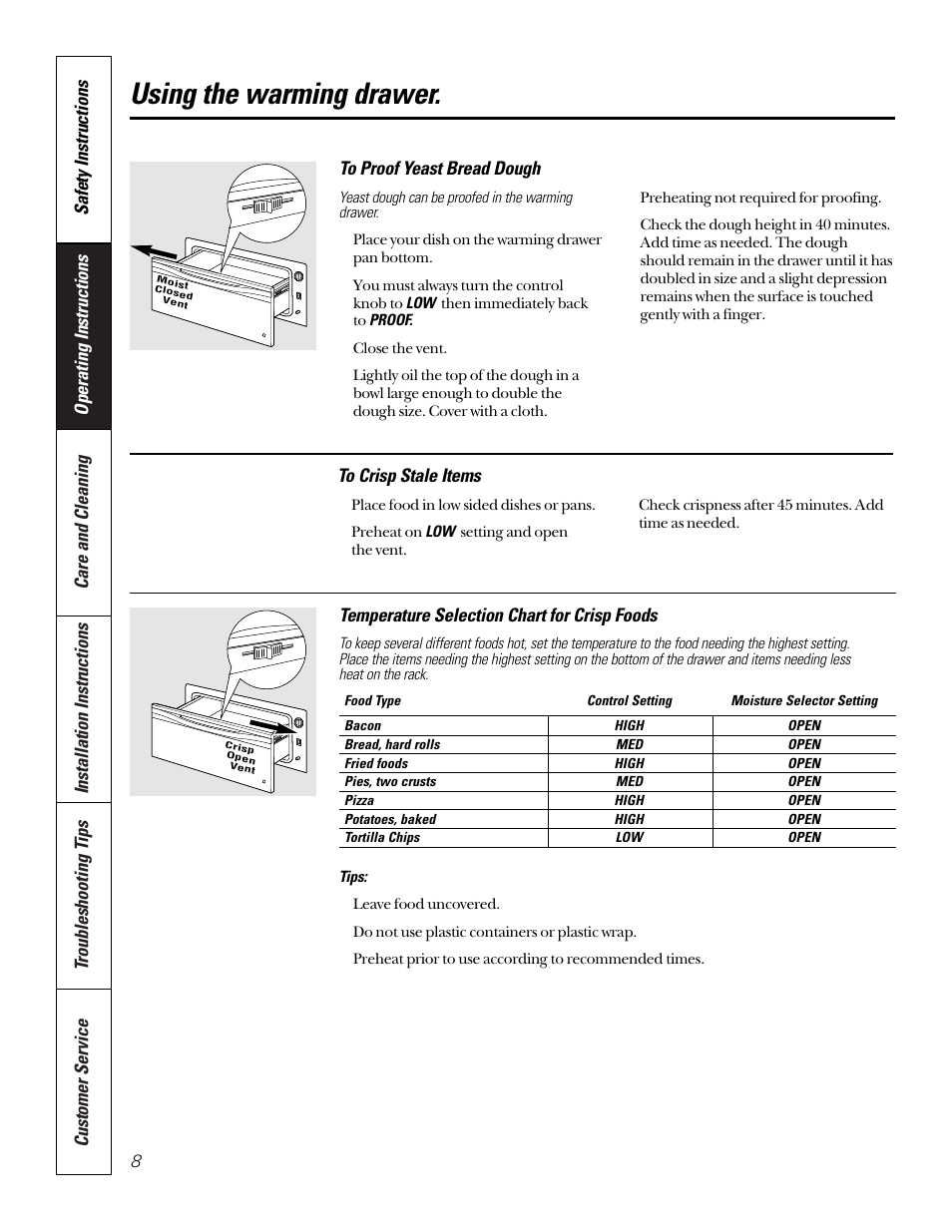 Crisping stale items, Proofing yeast bread and dough, Temperature selection charts | Temperature selection charts , 9, Using the warming drawer, Temperature selection chart for crisp foods | GE JTD910SBSS User Manual | Page 8 / 20
