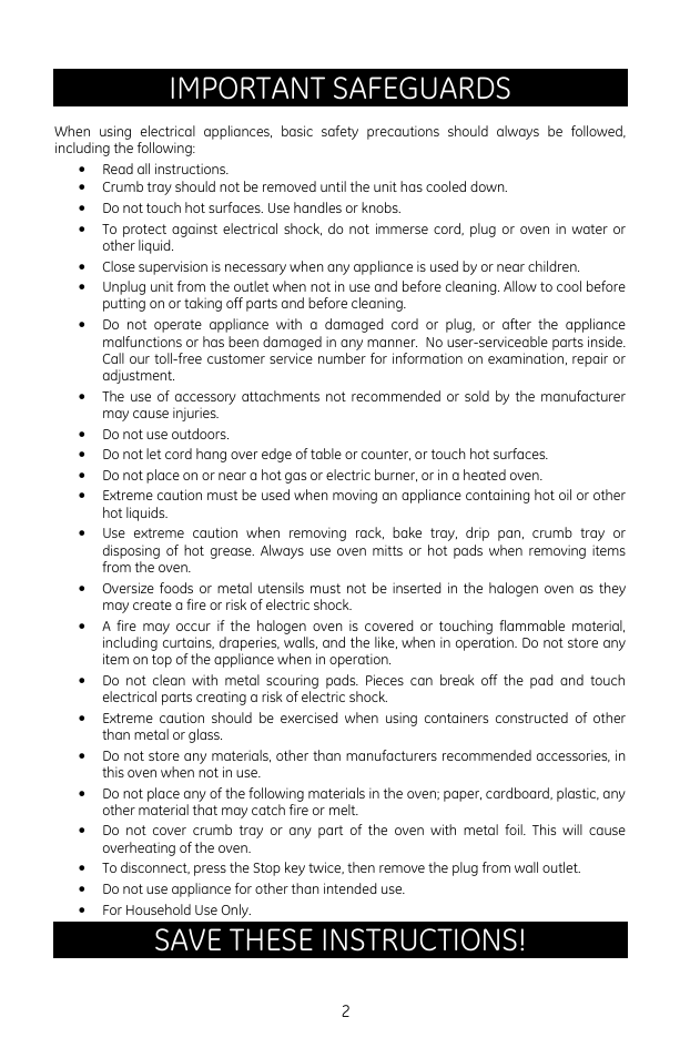 Important safeguards, Save these instructions | GE 0681131691574 User Manual | Page 2 / 10