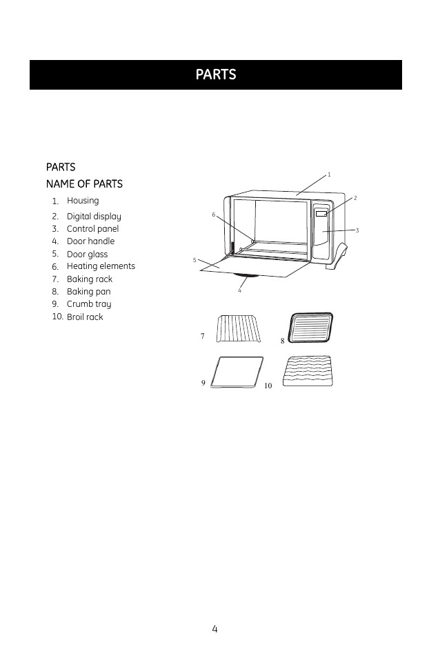 Parts, Parts name of parts | GE 0681131691574 User Manual | Page 4 / 10