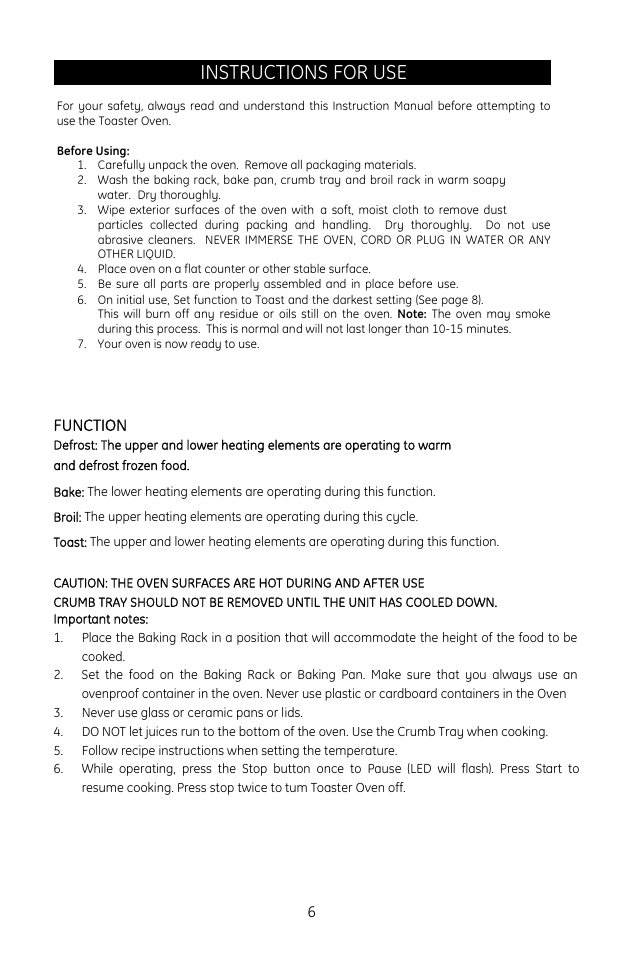 Instructions for use, Function | GE 0681131691574 User Manual | Page 6 / 10