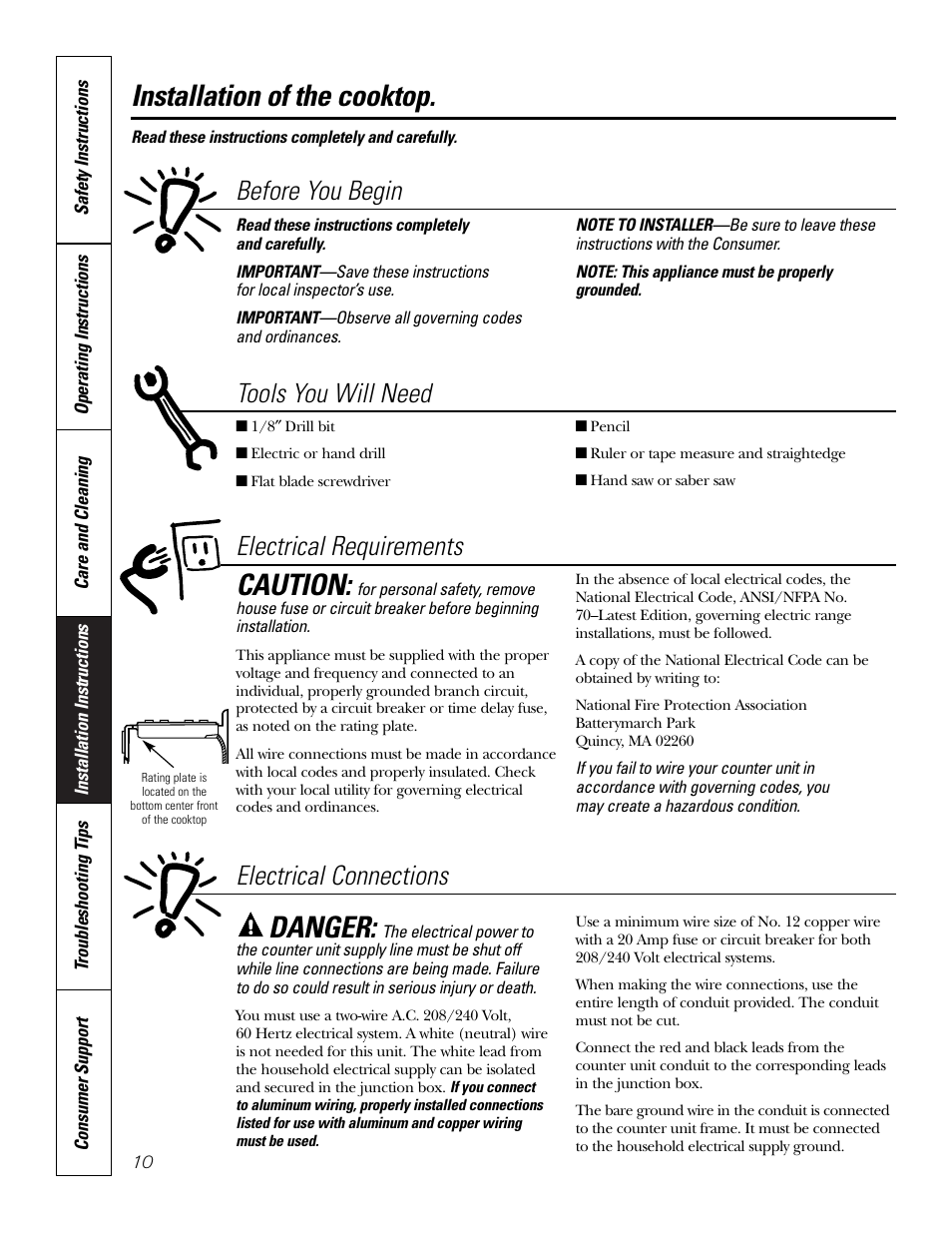 Electrical connections, Electrical requirements, Tools you will need | Electrical connections electrical requirements, Installation of the cooktop, Caution, Danger, Before you begin | GE JP201 User Manual | Page 10 / 16