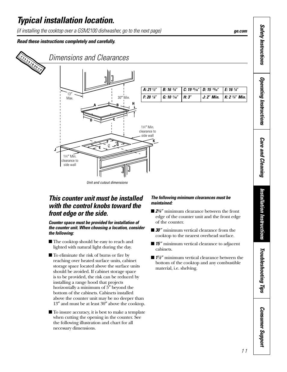 Typical location, Typical installation location, Dimensions and clearances | Read these instructions completely and carefully | GE JP201 User Manual | Page 11 / 16