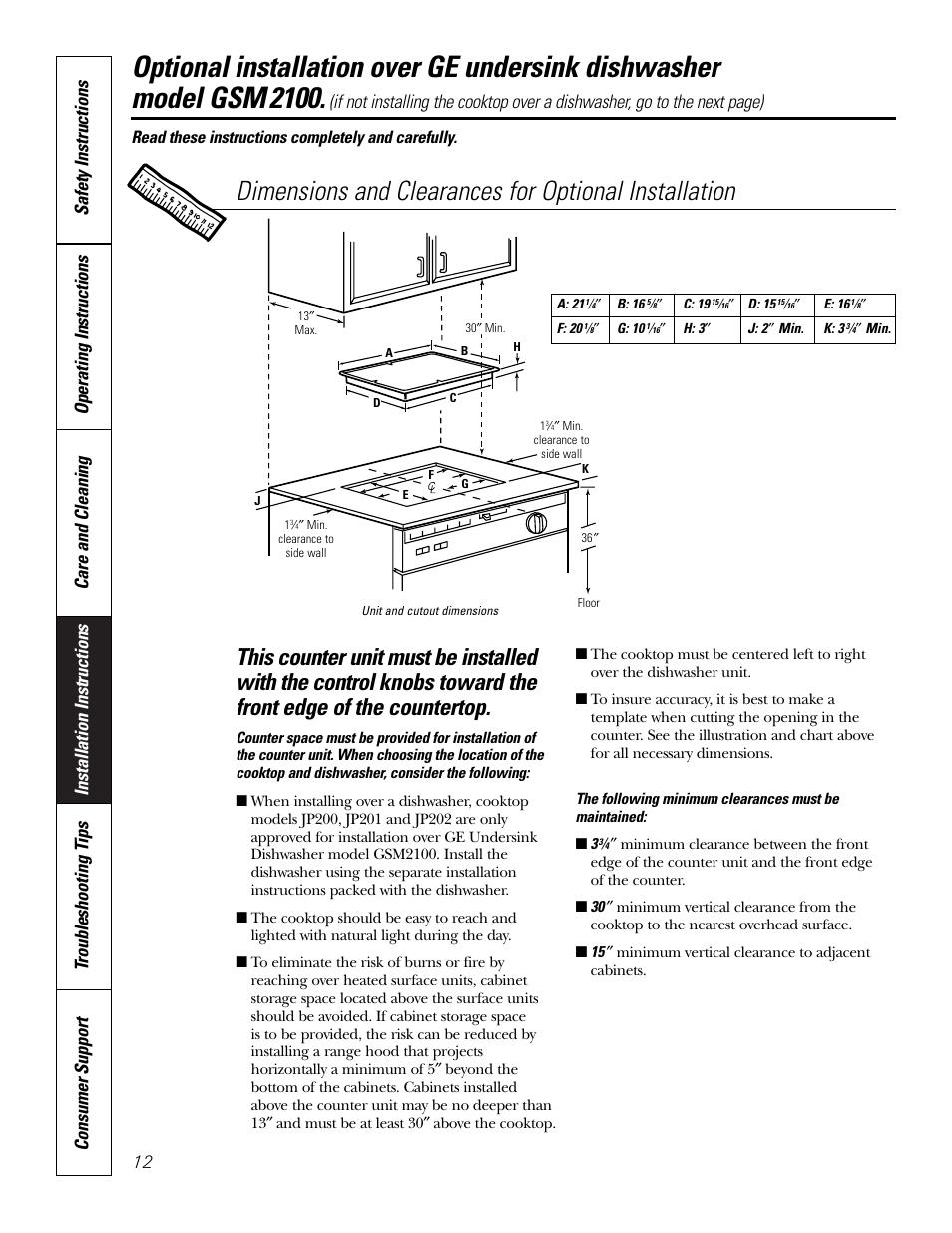 Optional location, Read these instructions completely and carefully | GE JP201 User Manual | Page 12 / 16