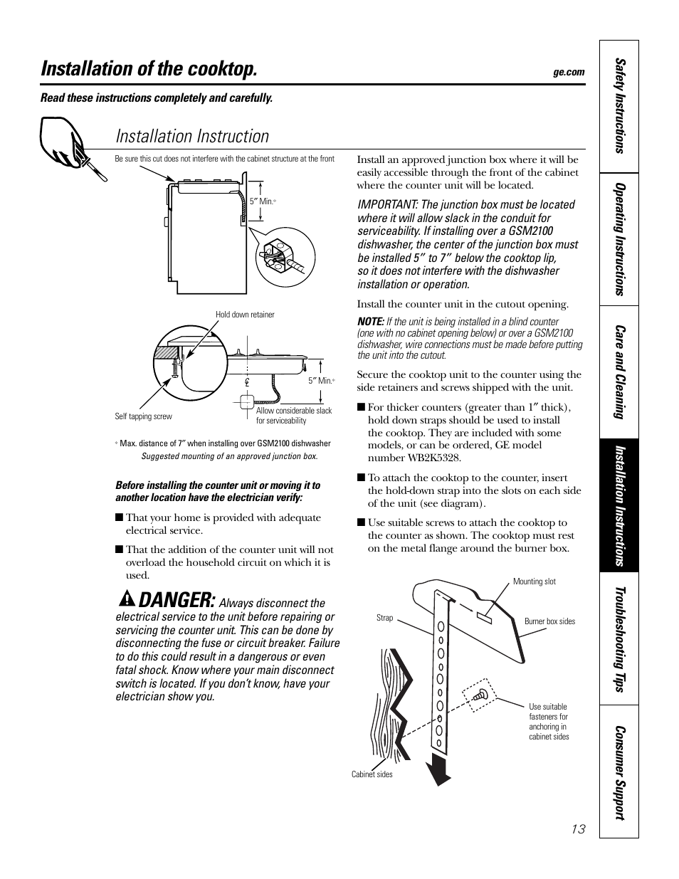 Installation of the cooktop, Danger, Installation instruction | GE JP201 User Manual | Page 13 / 16