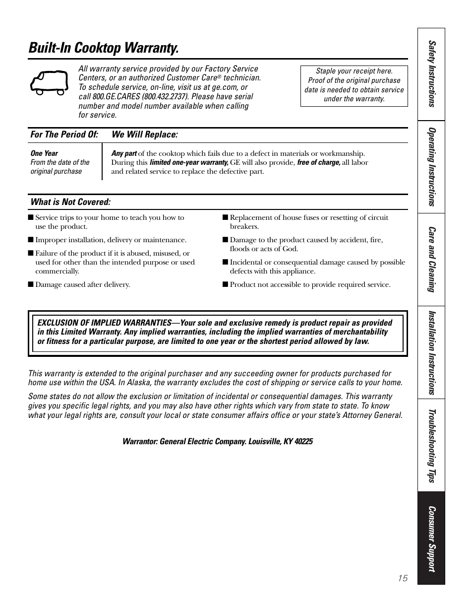 Warranty, Built-in cooktop warranty | GE JP201 User Manual | Page 15 / 16