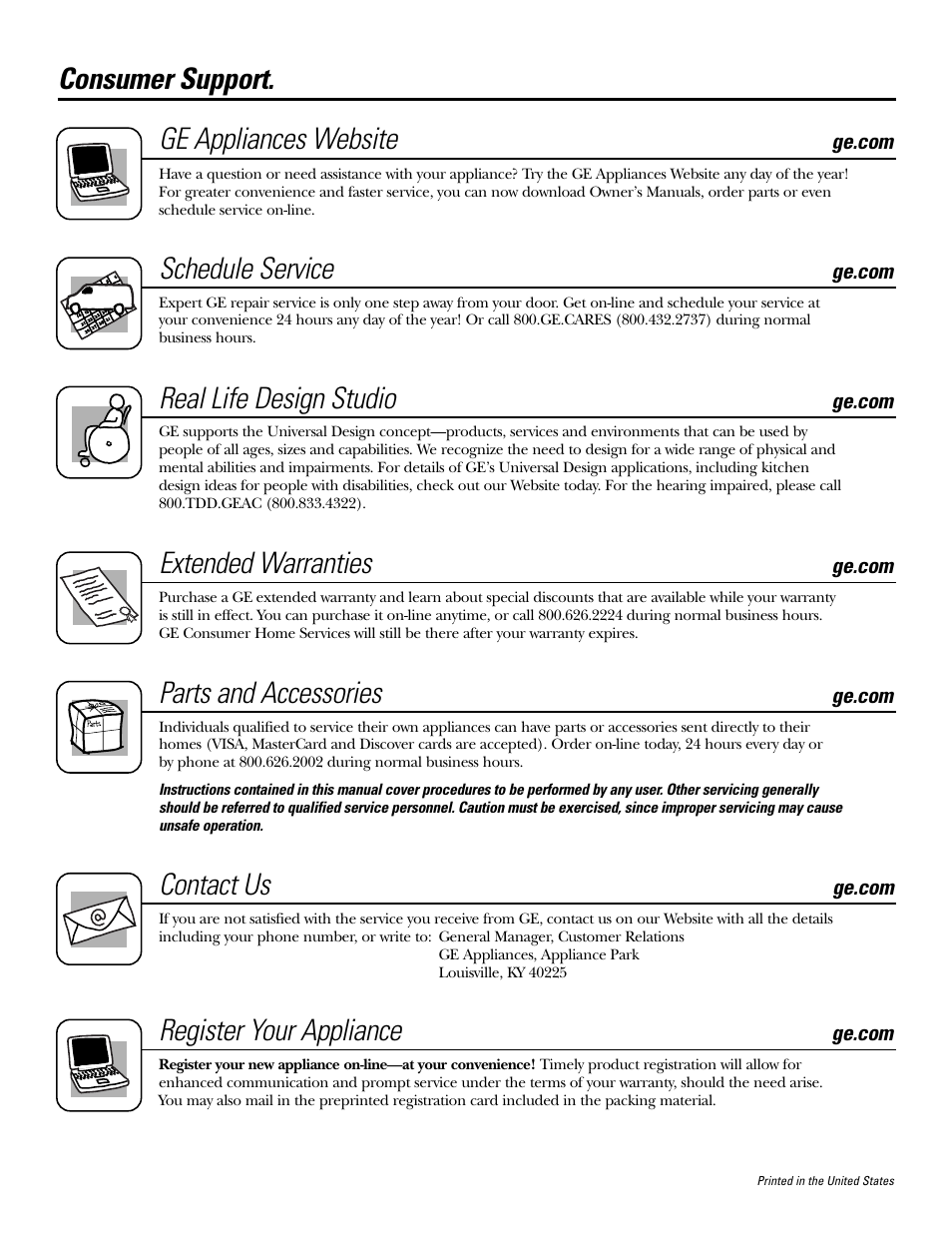 Consumer support, Consumer support . . . back cover, Consumer support. ge appliances website | Schedule service, Real life design studio, Extended warranties, Parts and accessories, Contact us, Register your appliance | GE JP201 User Manual | Page 16 / 16