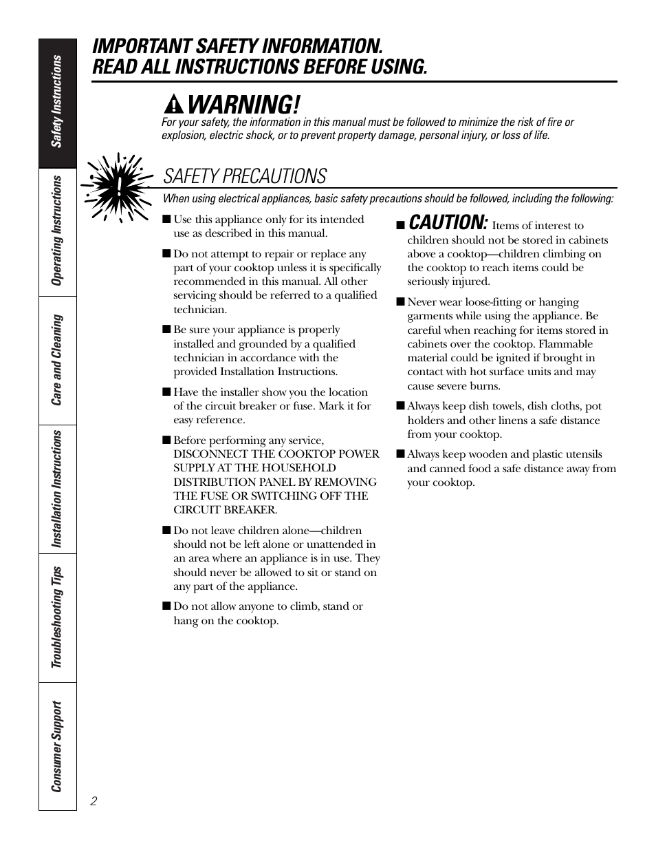 Safety information, Warning, Caution | Safety precautions | GE JP201 User Manual | Page 2 / 16